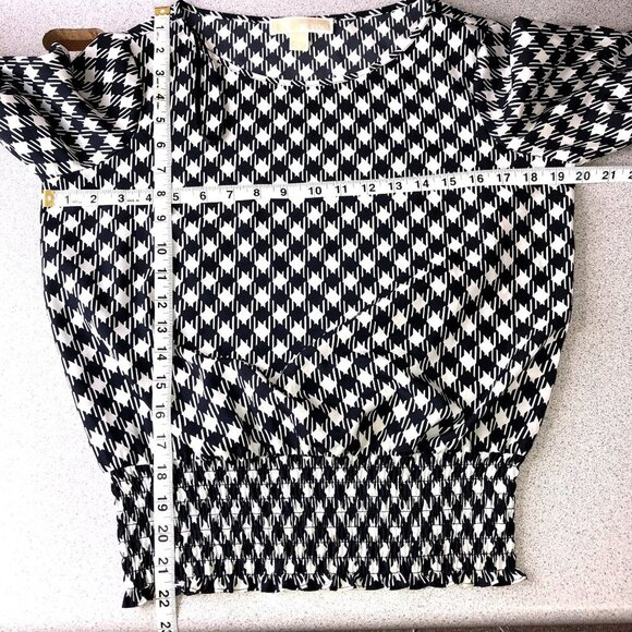 Michael Kors Blouse Women XS Black White Printed Smocked Waist adjustable Sleeve - Picture 8 of 8